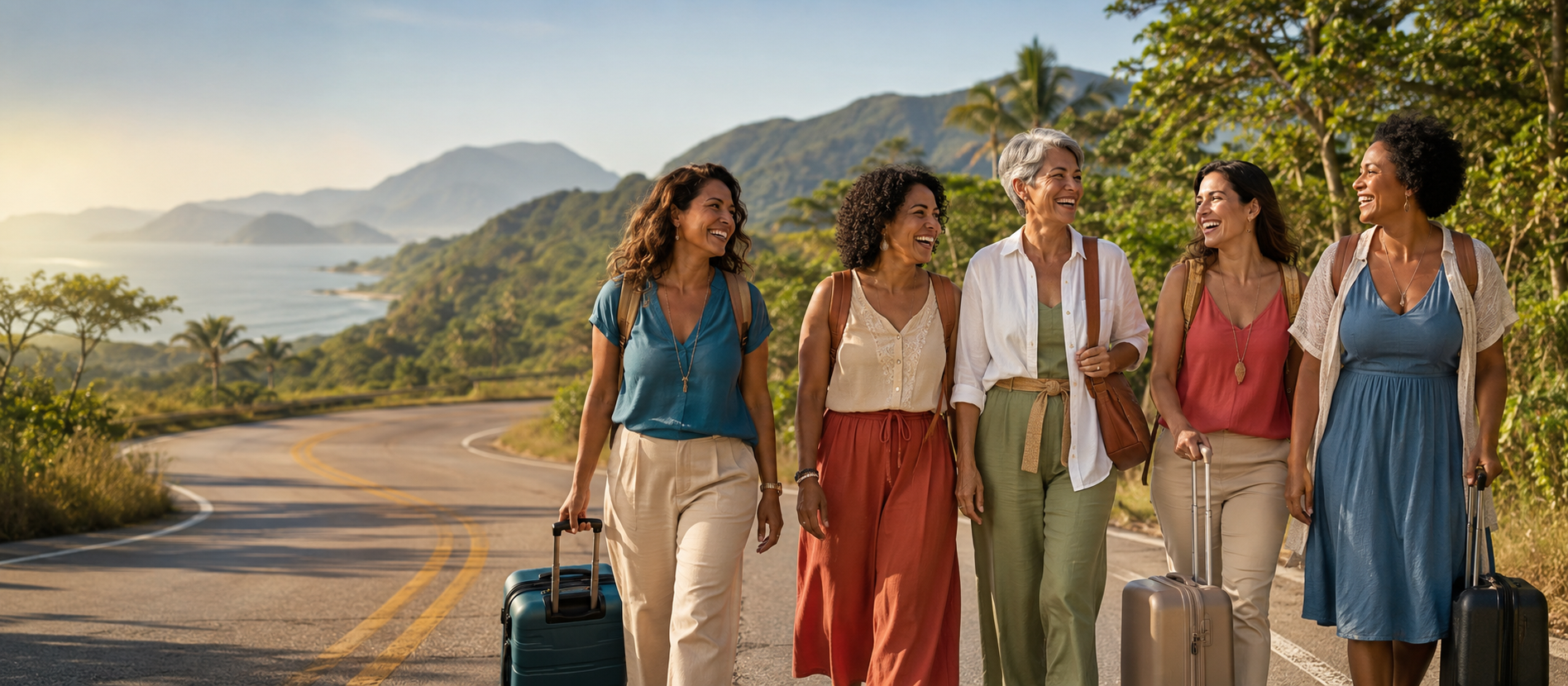 Mulheres felizes viajando juntas com o Partiu Amigas